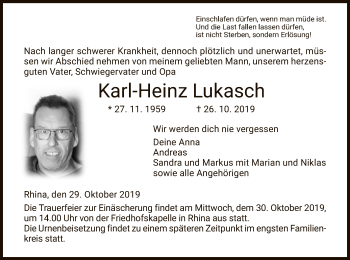 Traueranzeige von Karl-Heinz Lukasch von Hersfeld