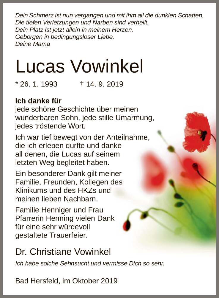  Traueranzeige für Lucas Vowinkel vom 26.10.2019 aus Hersfeld