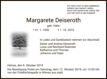 Traueranzeige von Margarete Deiseroth von Hersfeld