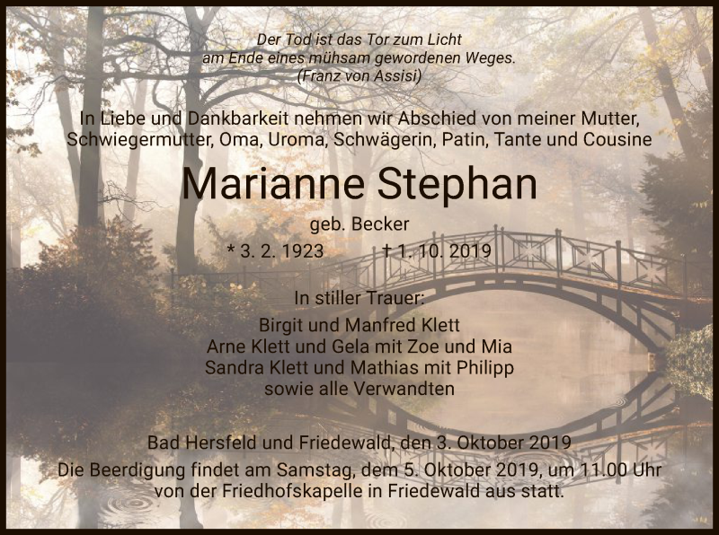  Traueranzeige für Marianne Stephan vom 03.10.2019 aus Hersfeld