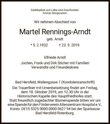 Traueranzeige von Martel Rennings-Arndt von Hersfeld