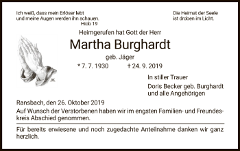 Traueranzeige von Martha Burghardt von Hersfeld