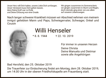 Traueranzeige von Willi Henseler von Hersfeld