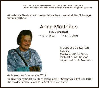 Traueranzeige von Anna Matthäus von Hersfeld