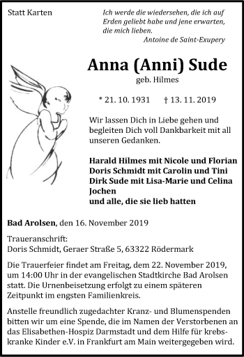 Traueranzeige von Anna Sude von Hersfeld