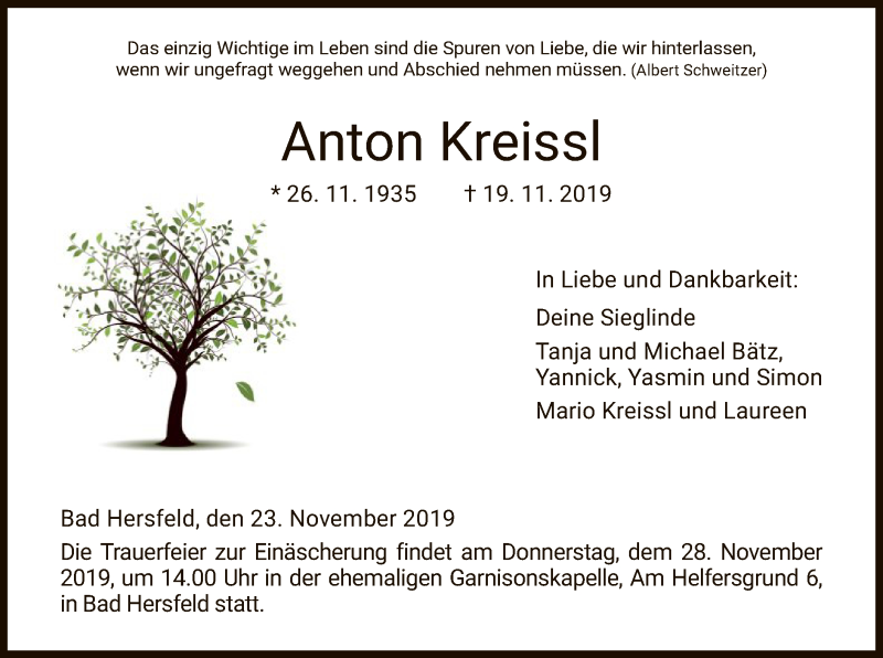  Traueranzeige für Anton Kreissl vom 23.11.2019 aus Hersfeld