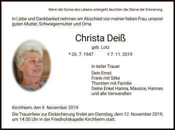 Traueranzeige von Christa Deiß von Hersfeld