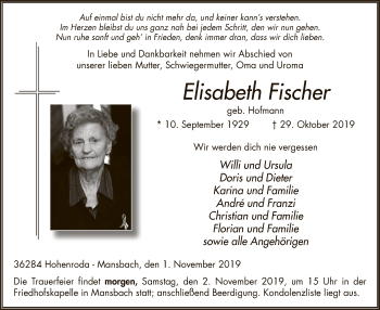 Traueranzeige von Elisabeth Fischer von Hersfeld