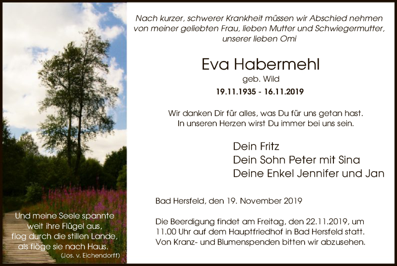  Traueranzeige für Eva Habermehl vom 19.11.2019 aus Hersfeld