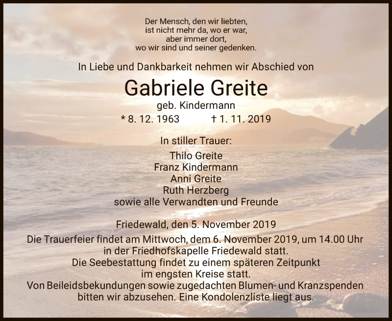  Traueranzeige für Gabriele Greite vom 05.11.2019 aus Hersfeld