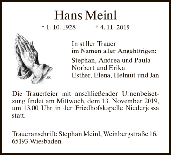 Traueranzeige von Hans Meinl von Hersfeld