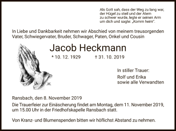 Traueranzeige von Jacob Heckmann von Hersfeld