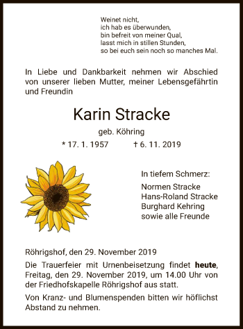 Traueranzeige von Karin Stracke von Hersfeld