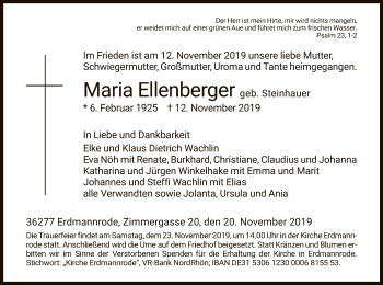 Traueranzeige von Maria Ellenberger von Hersfeld