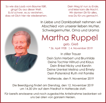 Traueranzeige von Martha Ruppel von Hersfeld