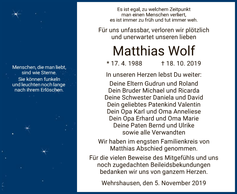  Traueranzeige für Matthias Wolf vom 05.11.2019 aus Hersfeld