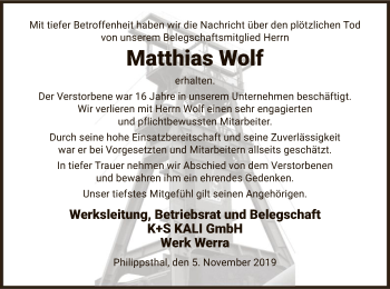 Traueranzeige von Matthias Wolf von Hersfeld