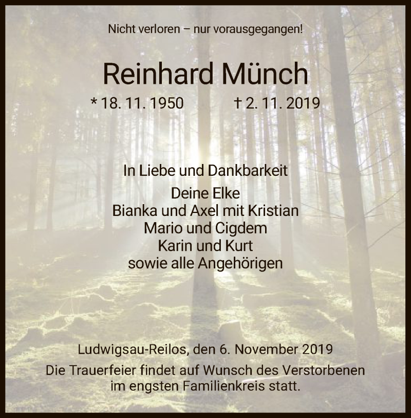 Traueranzeige für Reinhard Münch vom 06.11.2019 aus Hersfeld