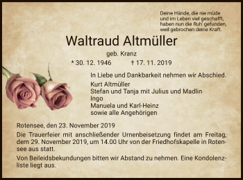 Traueranzeige von Waltraud Altmüller von Hersfeld