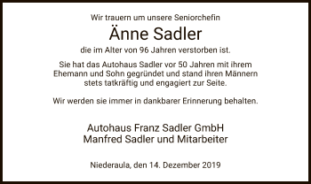 Traueranzeige von Anne Sadler von Hersfeld