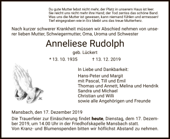 Traueranzeige von Anneliese Rudolph von Hersfeld