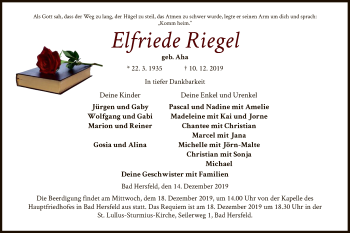 Traueranzeige von Elfriede Riegel von Hersfeld