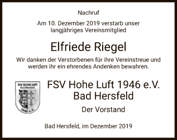Traueranzeige von Elfriede Riegel von Hersfeld