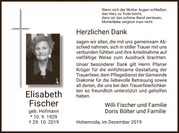 Traueranzeige von Elisabeth Fischer von Hersfeld