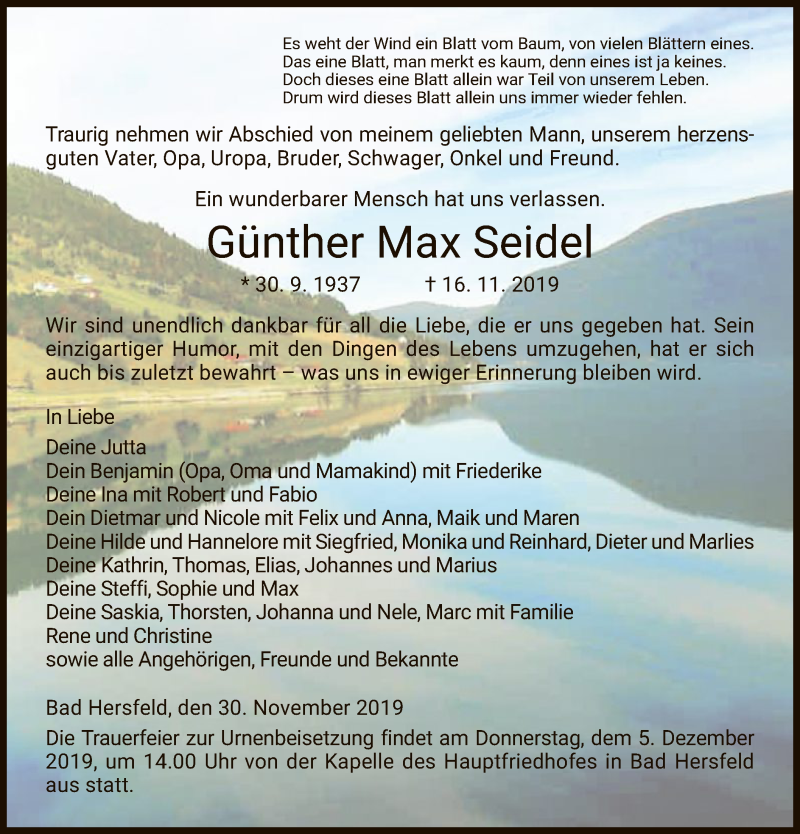  Traueranzeige für Günther Max Seidel vom 30.11.2019 aus Hersfeld