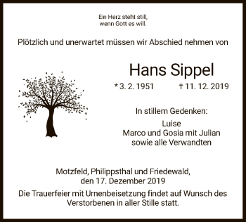 Traueranzeige von Hans Sippel von Hersfeld