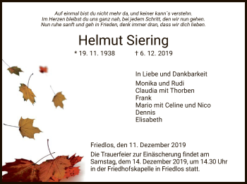 Traueranzeige von Helmut Siering von Hersfeld