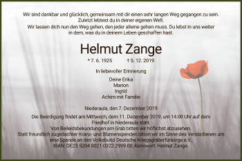 Traueranzeige von Helmut Zange von Hersfeld