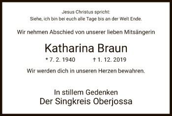 Traueranzeige von Katharina Braun von Hersfeld