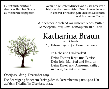 Traueranzeige von Katharina Braun von Hersfeld