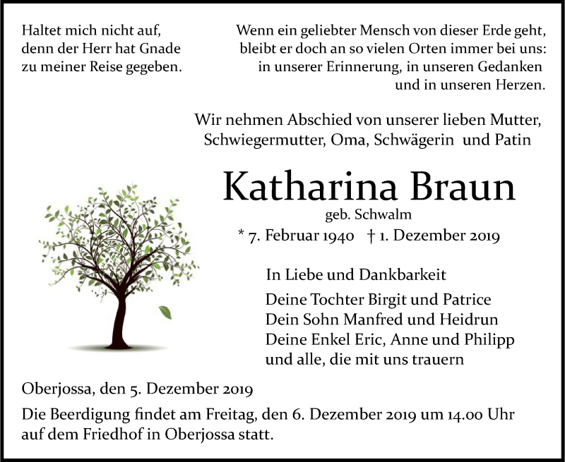  Traueranzeige für Katharina Braun vom 05.12.2019 aus Hersfeld