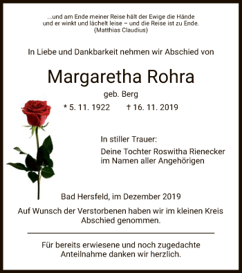 Traueranzeige von Margaretha Rohra von Hersfeld