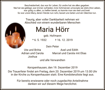 Traueranzeige von Maria Hörr von Hersfeld