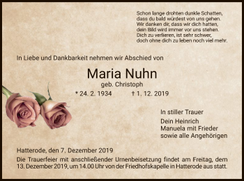 Traueranzeige von Maria Nuhn von Hersfeld