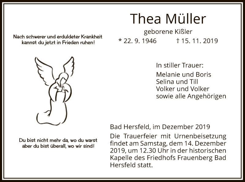  Traueranzeige für Thea Müller vom 07.12.2019 aus Hersfeld