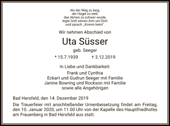 Traueranzeige von Uta Süsser von Hersfeld