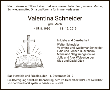 Traueranzeige von Valentina Schneider von Hersfeld