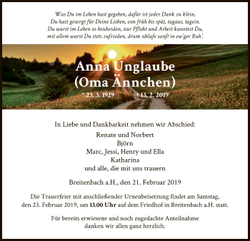 Traueranzeige von Anna Unglaube von Hersfeld