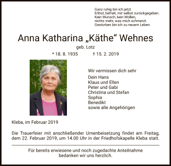 Traueranzeige von Anna Katharina Wehnes von Hersfeld