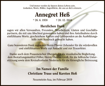 Traueranzeige von Annegret Heß von Hersfeld