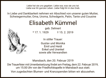 Traueranzeige von Elisabeth Kümmel von Hersfeld