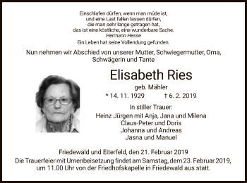 Traueranzeige von Elisabeth Ries von Hersfeld