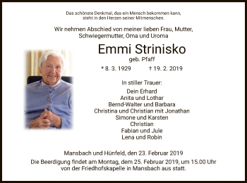 Traueranzeige von Emmi Strinisko von Hersfeld