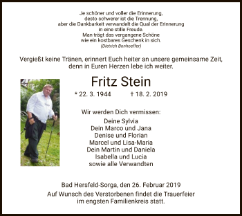 Traueranzeige von Fritz Stein von Hersfeld