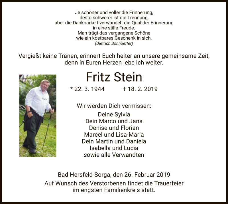  Traueranzeige für Fritz Stein vom 26.02.2019 aus Hersfeld
