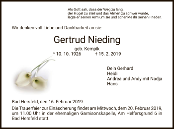 Traueranzeige von Gertrud Nieding von Hersfeld